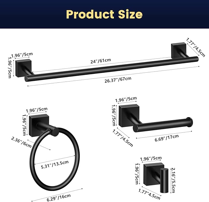 Bathroom Hardware Set 4 Pieces, Matte Black Stainless Steel Towel Bar Set, Includes 24In Towel Bar, Towel Ring, Robe Towel Hooks,Toilet Paper Holder, Wall Mounted Towel Rack Set