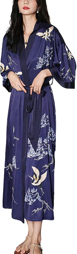Silk Satin Robe for Women Long Japanese Kimono Robe Lightweight Soft Bathrobe Floral Luxury Dressing Gown