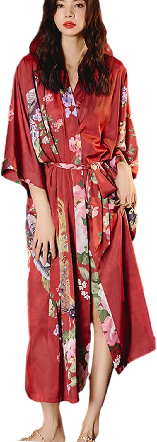 Silk Satin Robe for Women Long Japanese Kimono Robe Lightweight Soft Bathrobe Floral Luxury Dressing Gown