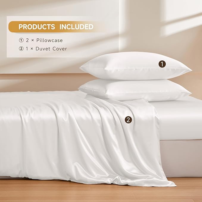 THXSILK 100% Pure Mulberry Silk Duvet Cover Set 3 Piece, 6A+ Grade Luxury Soft Bedding Silk Sheets for Hair and Skin, 1 Pcs Duvet/Quilt/Comforter Cover with 2 Zippered Pillowcases (Cream White, Twin)