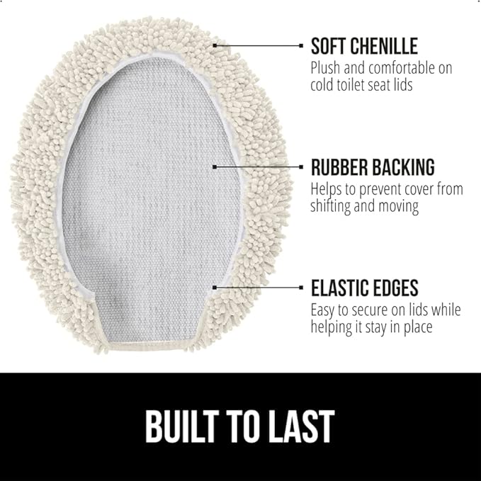 GORILLA GRIP Soft Chenille Bathroom Toilet Lid Cover, Machine Washable Seat Covers, 19.5x18.5, Stays In Place Rubber Backing, Fits Most Round, Elongated and Oblong Lids, Accessories Decor, Ivory Cream