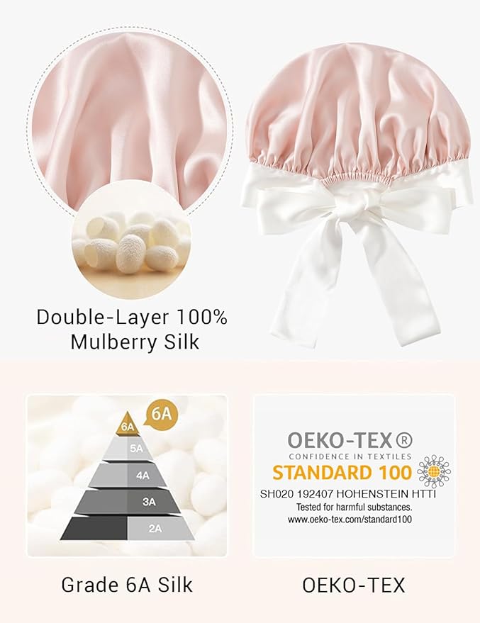 Non-Slip 100% Mulberry Silk Bonnet for Sleeping Women - Double Layer Silk Hair Wrap for Curly Hair, with Tie Bands to Secure the Cap (Pink+Ivory)