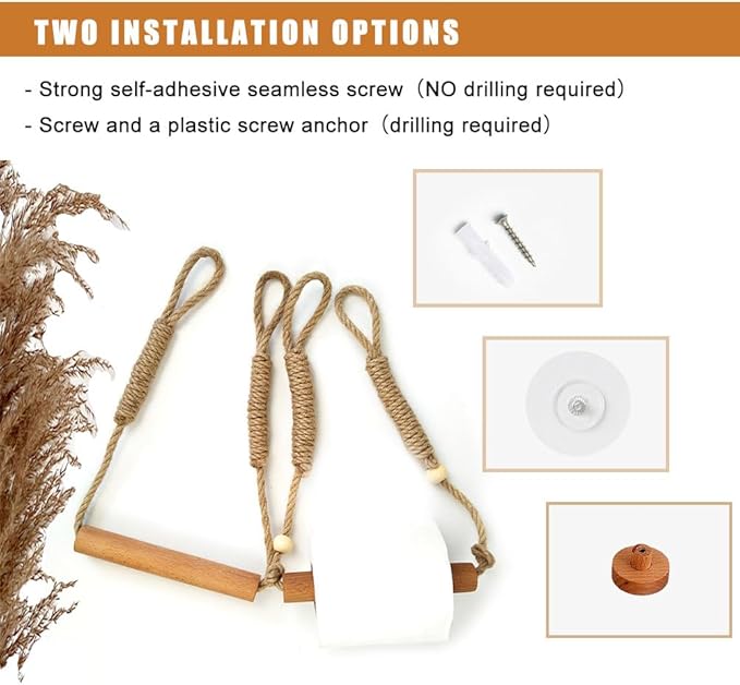 Wood & Rope Wall Toilet Paper Holder, Rustic Tissue Rolls Paper Holder Wall Mounted, Nautical Rattan Bathroom Accessories with Self-Adhesive Seamless Screw