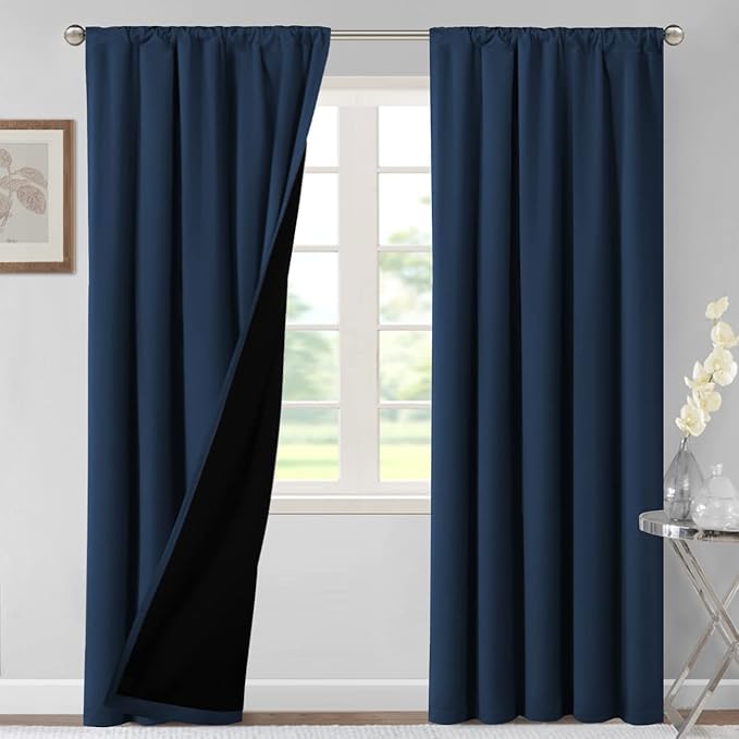 H.VERSAILTEX 100% Blackout Curtains for Bedroom Thermal Insulated Blackout Curtains 108 Inches Long Rod Pocket/Clip Rings Curtains for Living Room with Black Liner 2 Panels, Navy