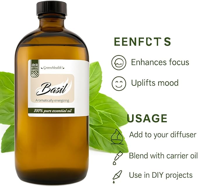 Basil Essential Oil – 16 fl oz (473 ml) Amber Glass Bottle – 100% Pure, Undiluted, Therapeutic Grade – Fresh, Herbaceous Aroma – GreenHealth