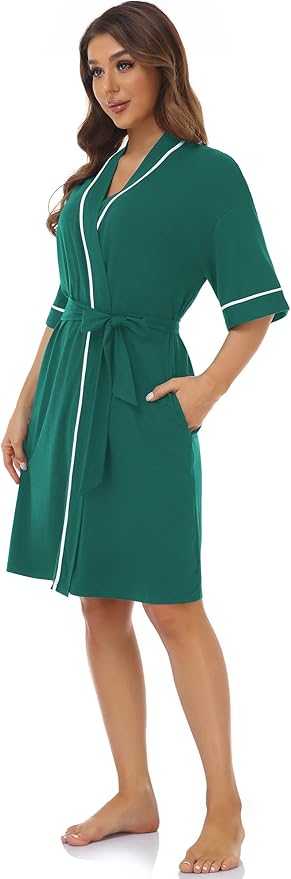 COLORFULLEAF Womens Bamboo Short Robes Lightweight Kimono Cotton Robe Soft Knit Bathrobe Ladies Loungewear with Pockets