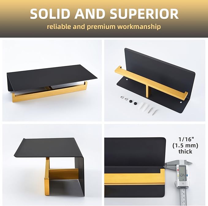 Angle Simple Double Toilet Paper Holder with Shelf, 304 Stainless Steel Bathroom Toilet Tissue Roll Holder for Wall Black and Gold