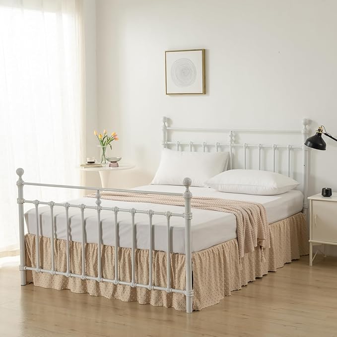 Tufted Dot Bed Skirt Queen Size Ruffled Bed Skirt with Split Corners, 12 Inch Drop Dust Ruffle Bed Skirts with Platform, Camel