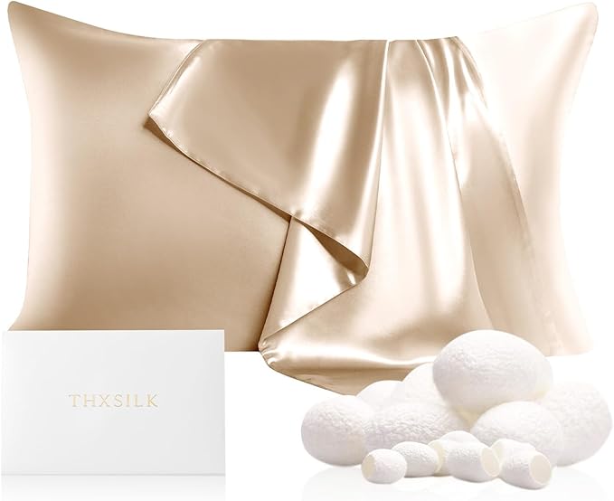 THXSILK 100% Mulberry Silk Pillowcase for Hair and Skin, Grade 6A+ Mulberry Silk Pillow Case 22 Momme, Hypoallergenic Pillow Case Cover with Zipper, 1pc (Queen 20"x30", Beige)