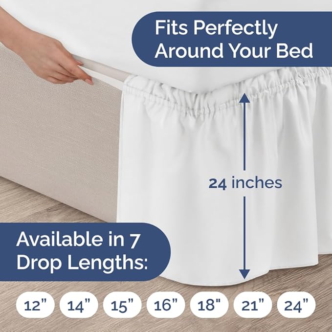 Wrap Around Dust Ruffle Bed Skirt - White - for King Size Beds with 24 Inch Drop - Easy Fit Elastic Strap - Adjustable Pleated Bedskirt w/Brushed Fabric - Wrinkle Free - for Women, Men, Kids & Teens