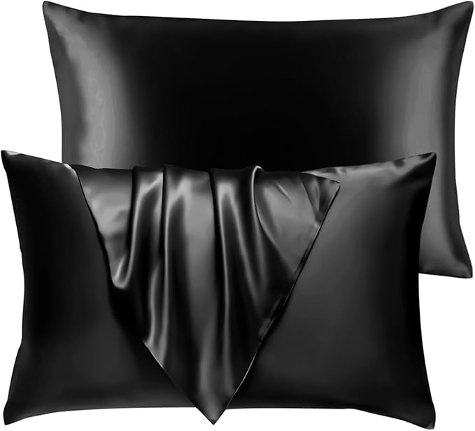 BHZ Satin Goose Down Feather Pillows Standard Size Set of 2 with Black Satin Pillowcase for Hair and Skin, Cooling Pillow Cases Similar to Silk Pillow Cases, Decor for Women, Mom Men