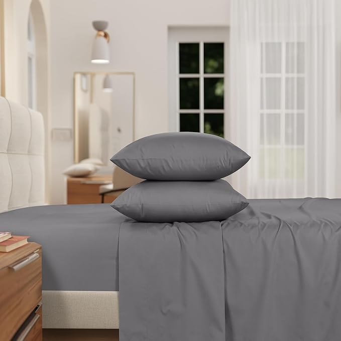 IZOD 100% Egyptian Cotton Sheets Set Queen Size, Cotton Percale Crisp Sheet Set 4Pc, Lightweight & Deep Pocket fits Upto 17", Long-Staple Soft Combed, Hotel Style Luxury Bedding Sheet - Carbon Steel