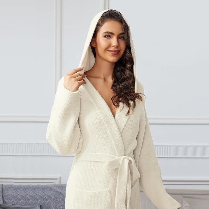 MH MYLUNE HOME Ultra Soft Robe With Pockets, Spa Bathrobe Loungewear Calf-Length, Plush Fuzzy Fluffy Wrap Robe for Women