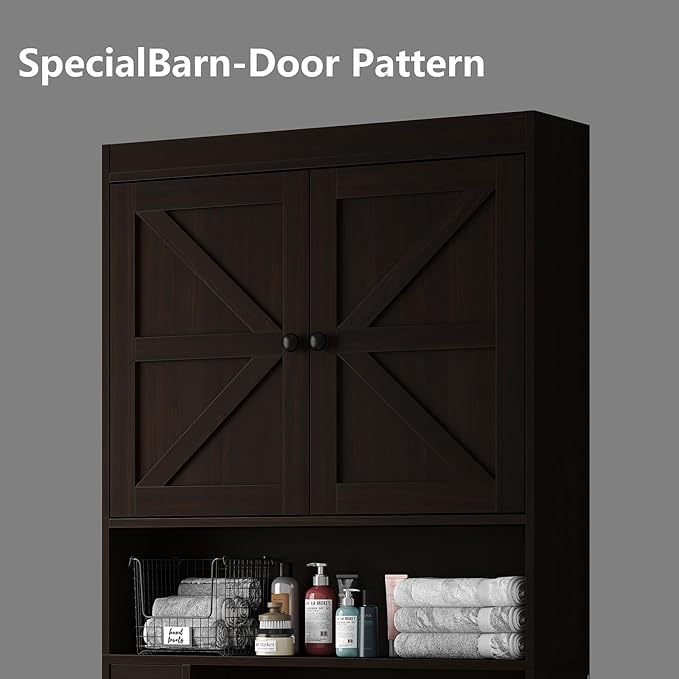 Furniouse Over The Toilet Storage Cabinet Bathroom Organizer with Barn Doors & Adjustable Shelf Rustic Over Toilet Storage Shelf for Bathroom, Espresso