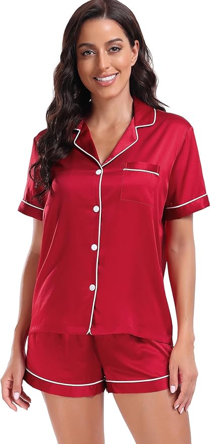 Women's Satin Pajama Set 2-Piece Sleepwear Loungewear Button Down Short Sleeve Silky PJ Set