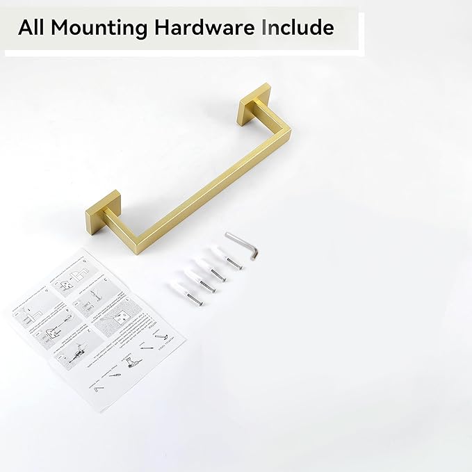 LANC 12-Inche Towel Bars for Bathroom Wall Mounted 30CM Brushed Gold Kitchen Towel Ring Total-14” Stainless Steel Square Towel Rails for Bathroom Hand Towel Holder Towel Hanger, A8804BG-3P1