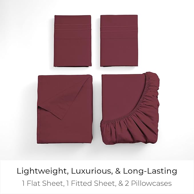 Mellanni Queen Sheets Set - 4 PC Iconic Collection Bedding - Hotel Luxury, Extra Soft, Cooling Bed Sheets - Wrinkle, Fade, Stain Resistant (Queen, Burgundy)