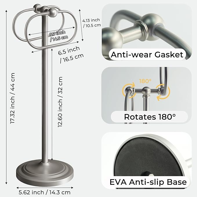 17 Inch Stainless Steel Hand Towel Holder Double Stand Hand Towel Ring for Washcloths or dishcloths Non-Slip Base Free Standing Towel Rack for Bathroom Kitchen (Brushed)