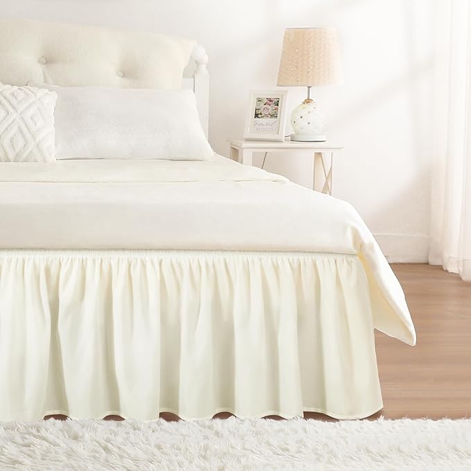RIMELA Ivory White Bed Skirt King Size 12 Inch Drop, Wrap Around Elastic Adjustable Bedskirt, Soft Durable Fabric Machine Washable Easy to Install Bed skirting Dust Ruffle for Bed Frame & Box Spring
