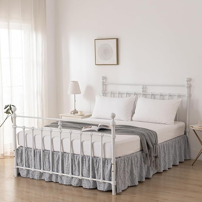 Bed Skirt Queen Size Ruffled Bed Skirt with Split Corners, 18 Inch Drop Dust Ruffle Bed Skirts with Platform, Boho Tufted Shabby Chic Full Size Bed Skirts, Light Grey