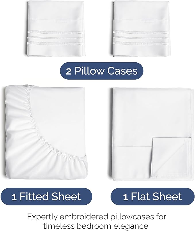Queen Size 4 Piece Sheet Set - Extra Soft, Breathable & Cooling Sheets - Hotel Luxury Durable Bed Sheets for Women & Men - Deep Pockets, Easy-Fit & Wrinkle-Free Sheets - Bright White Oeko-Tex Sheets