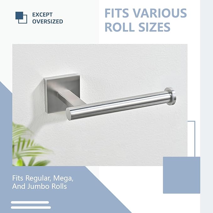 Brushed Nickel Bathroom Hardware Set, Toilet Paper Holder with 2 Square Towel Hooks, 3PCS SUS 304 Stainless Steel Set, Wall Mounted, Rust Resistant, Modern Fingerprint-Free Finish (Silvery)