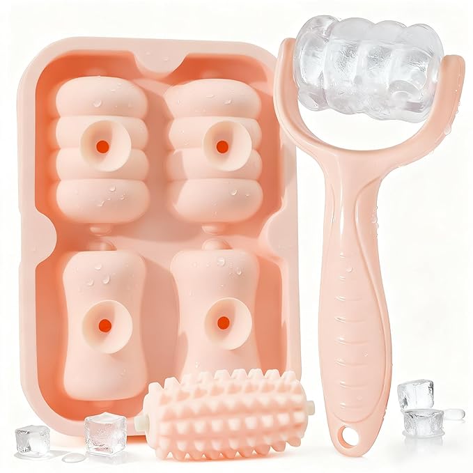 Ice Roller for Face Women Replaceble Rollers + Reusable 2 in 1 Silicone Facial Eyes Ice Cube Mold Set, Body Message Stick Holder for Reduce Puffiness Relief Shrink Pores Anti Wrinkle Skin Care, Pink