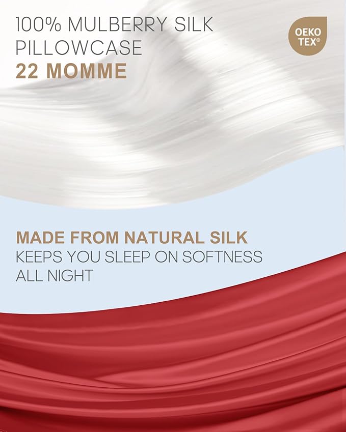THXSILK Set of 2 100% Mulberry Silk Pillowcase for Hair and Skin, Grade 6A+ Mulberry Silk Pillow Cases 22 Momme, Hypoallergenic Pillow Case Cover with Zipper (Body Size 20"x54", Red)
