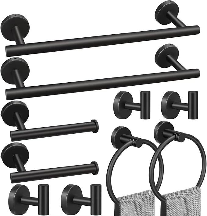 10sets Towel bar Sets, Includes 2Pcs 23.6 inch Towel bar,2Pcs Towel Hook,2Pcs Towel Ring,2Pcs Toilet Paper Holder-Matte Black