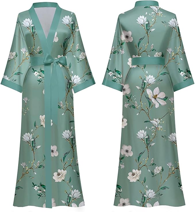Silk Satin Robe for Women Long Japanese Kimono Robe Lightweight Soft Bathrobe Floral Luxury Dressing Gown