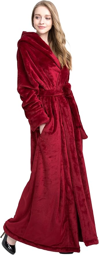 Women's Plush Robe Extra Long Robe with Pockets Thicken Soft Warm Bathrobe