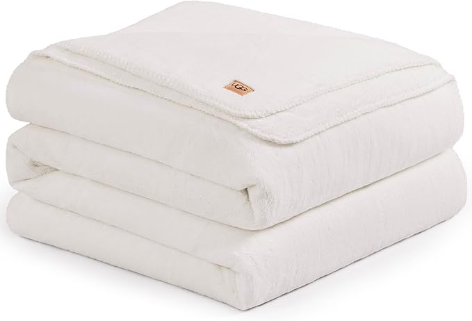 UGG Plush Full/Queen Blanket, Fleece Fluffy Blanket for Bed, Luxury Cozy Oversized Throw for Couch, Washable Hypoallergenic Bedding Queen Bed, 90" x 90", White Snow (Whitecap)
