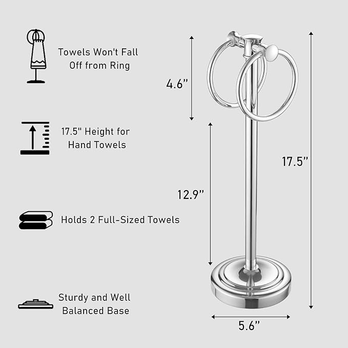Hoimpro 17" Polished Chrome Standing Towel Rack Bracket, Double Towel Ring Free Hand Towel Stand Holder Bathroom Hardware Accessories Set Towel Bar for Bathroom Vanities and Kitchen Countertops