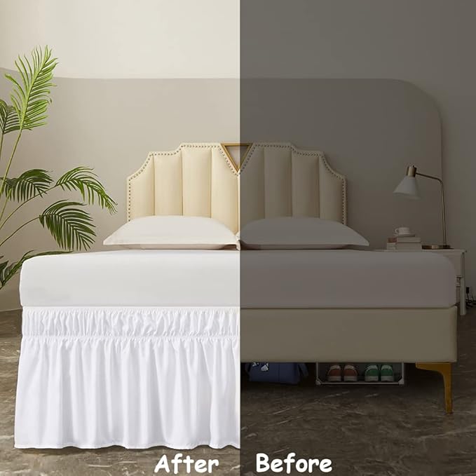 MEILA Wrap Around Bed Skirt Three Fabric Sides Elastic Dust Ruffled 16 Inch Tailored Drop,Easy to Install Fade Resistant-White, Twin/Full