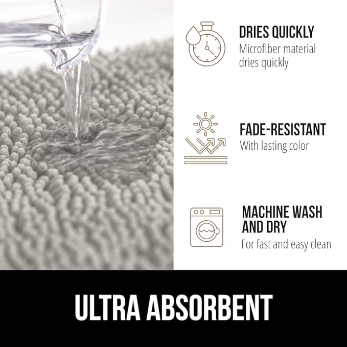 GORILLA GRIP Bath Rug Mat 36x24, Soft Absorbent Chenille, Quick Dry Microfiber Mats, Rubber Backing Washable Shower Floor Rugs, Bathmat Runner, US Designed Bathroom Home Decor Accessories Light Gray
