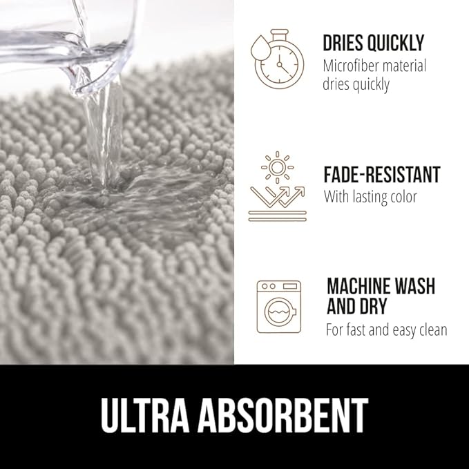 GORILLA GRIP Bath Rug Mat 42x24, Soft Absorbent Chenille, Quick Dry Microfiber Mats, Rubber Backing Washable Shower Floor Rugs, Bathmat Runner, US Designed Bathroom Home Decor Accessories Light Gray