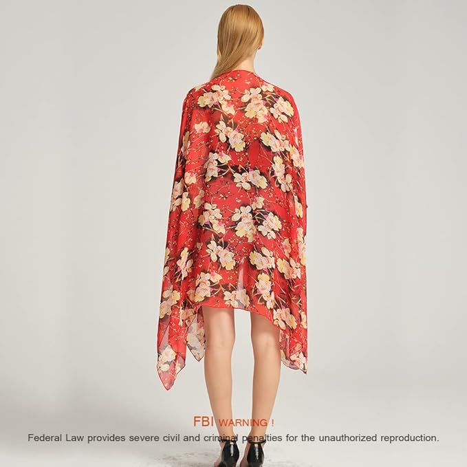 Women's Bohemian Floral Chiffon Beach Cover up Swimsuit Kimono Summer Swimwear Cardigans