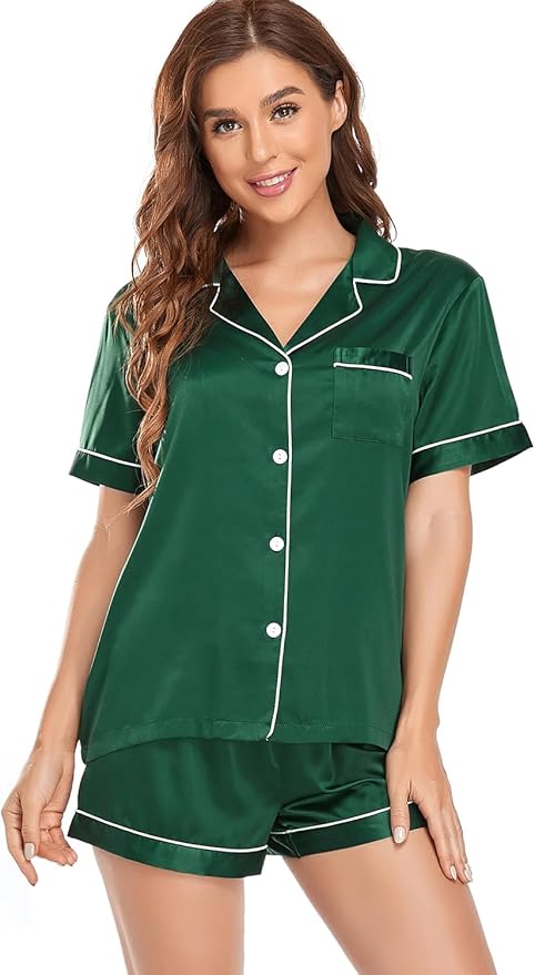 Women's Satin Pajama Set 2-Piece Sleepwear Loungewear Button Down Short Sleeve Silky PJ Set