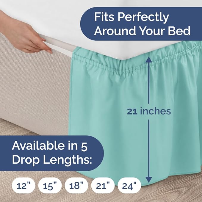 Wrap Around Dust Ruffle Bed Skirt - Spa Blue - for King Size Beds with 21 Inch Drop - Easy Fit Elastic Strap - Adjustable Pleated Bedskirt w/Brushed Fabric Wrinkle Free - for Women, Men, Kids & Teens