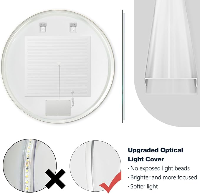Niccy Round Led Mirror for Bathroom, 40" Circle Frameless Backlit Mirror wiht Light, Anti-Fog, 3 Colors, Waterproof, Memory Function