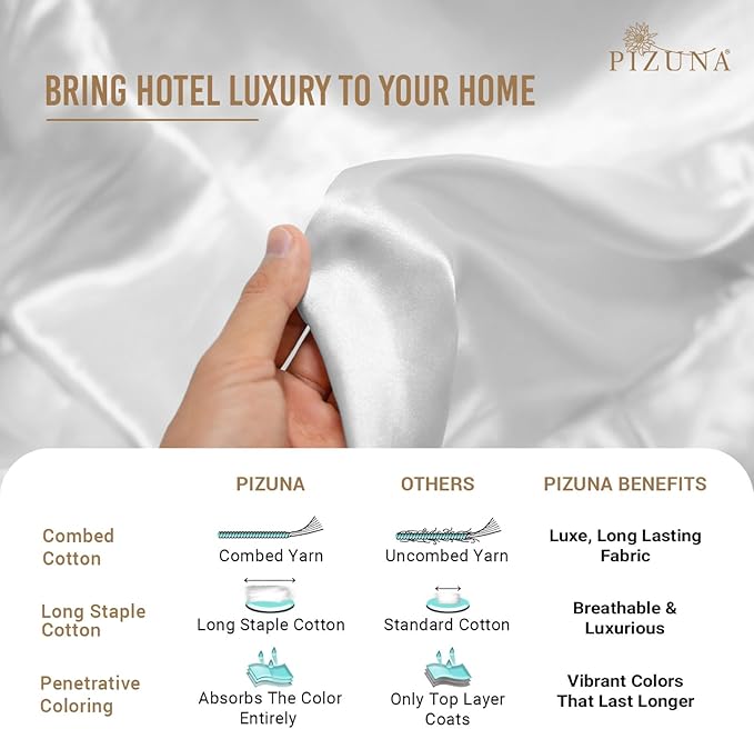 Pizuna Pure 100% Cotton King Size Sheets, 800 Thread Count Long Staple Cotton Crisp Sateen Sheets with 15inch Deep Pocket