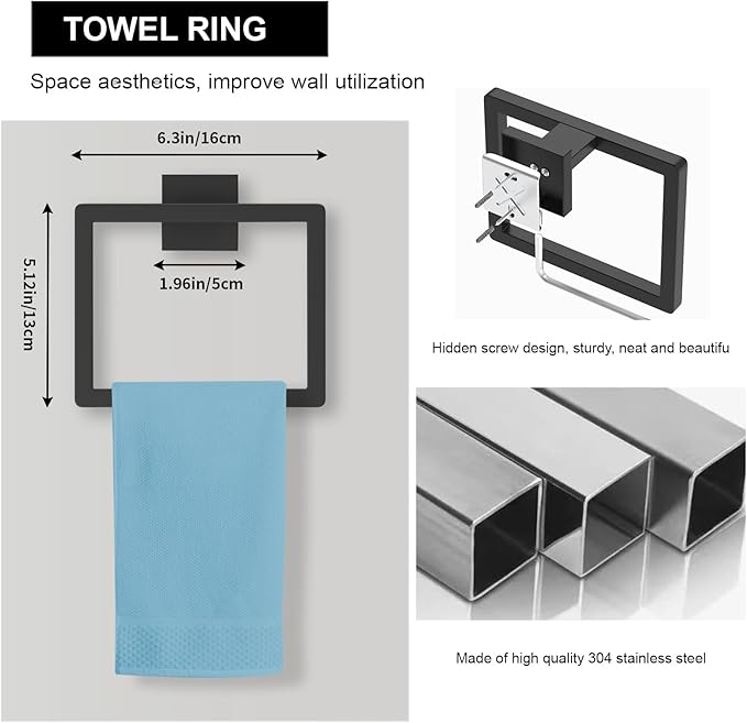 10-Pieces Matte Black Bathroom Accessories Set, 16 Inch Bath Towel Bar Set, SUS 304 Stainless Steel Bathroom Hardware Set, Towel Racks for Bathroom Wall Mounted