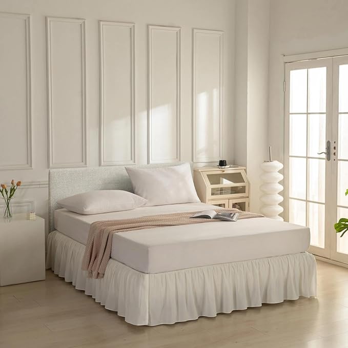 Bed Skirt Queen Size Ruffled Bed Skirt with Split Corners, Ivory Queen Bed Skirts 18 Inch Drop with Platform, 18'' Queen ﻿