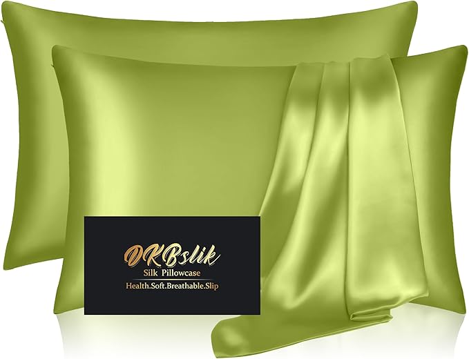 Silk Pillowcase 2 Pack, Mulberry Silk Pillow Cases Queen Size Set of 2, Anti Acne Silk Pillowcase for Hair and Skin, Natural Silk Satin Pillowcases for Sleeping Women 2 Pack with Zipper, Olive Green