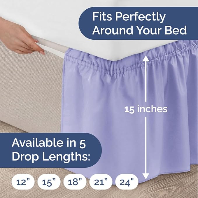 Wrap Around Dust Ruffle Bed Skirt - Lavender - for Queen Size Beds with 15 Inch Drop - Elastic Strap - Adjustable Pleated Bedskirt with Brushed Fabric and Wrinkle Free - for Women, Men, Kids & Teens