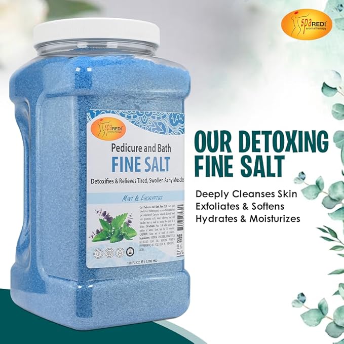 SPA REDI - Detox Foot Soak Pedicure and Bath Fine Salt, Mint and Eucalyptus, 128 Oz - Made with Dead Sea Salts, Argan Oil, Coconut Oil, and Essential Oil - Hydrates, Softens and Moisturizes