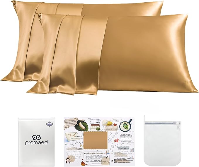 PROMEED 100% 23 Momme Silk Pillowcases Set of 2, Upgraded 3rd Generation 6A+ Mulberry Silk Pillow Case Set of 2, Real Natural Silk Pillow Case Cover 2pcs Set (King 20"x36", Gold)