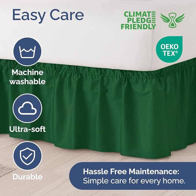 Wrap Around Dust Ruffle Bed Skirt - Emerald - for King Size Beds w/ 12 Inch Drop - Easy Fit Elastic Strap - Adjustable Pleated Bedskirt w/Brushed Fabric - Wrinkle Free - for Women, Men, Kids & Teens