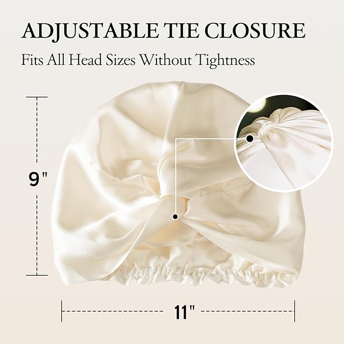 100% Mulberry Silk Bonnet for Sleeping, Adjustable Tie Closure for Women, Breathable Hair Wrap for Hair Protection