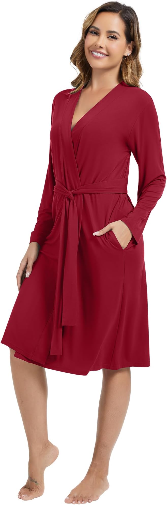 WiWi Women's Robe Long Sleeve Bathrobe with Pockets Soft Kimono Spa Lightweight Robes Bamboo Viscose Loungewear S-XXL